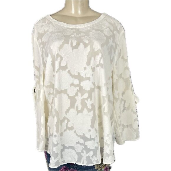 Van Heusen XL Eggshell Sheer Textured Floral Crew Neck Split Tie Long Sleeve Top - Picture 2 of 6